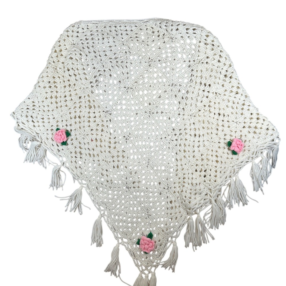 Handmade‎ Crochet Shawl Cream Pink Roses Tassels Boho Granny Square Grandmacore